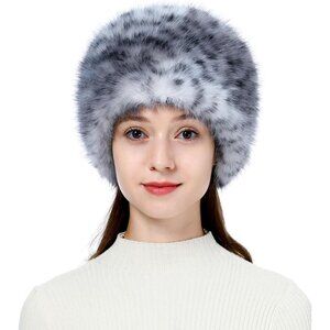 Women's Gray Leopard Winter Faux Fur Cossak Russian Style Hat Warm Cap